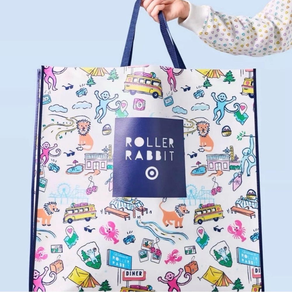 Roller Rabbit Multicolor Illustrated Tote with Navy Trim
